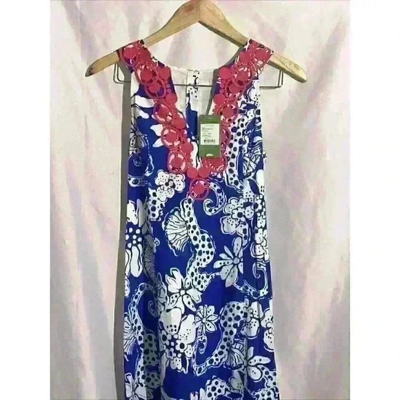 Lilly Pulitzer Augusta Shift Dress Deep Sea Blue Quahog Chowdah Lace Trim Size 6 - Picture 3 of 9